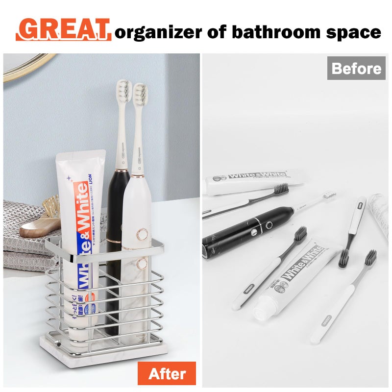 HarJue Toothbrush Holder  Luxurious Metal Toothbrush Toothpaste Holder for Bathroom  Multi-Slots Openwork Design  Bathroom Accessory for Storage and Organizer (Marble Base-2 Slots  Chrome) - Image 5